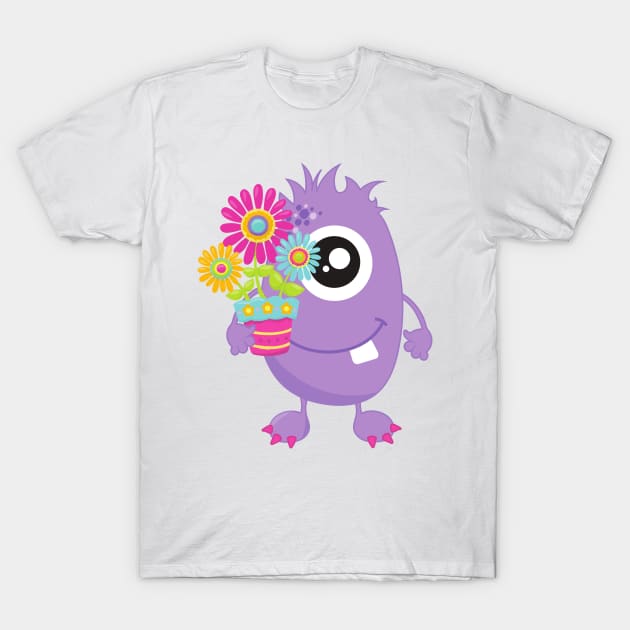 Spring Monster, Purple Monster, Colorful Flowers T-Shirt by Jelena Dunčević